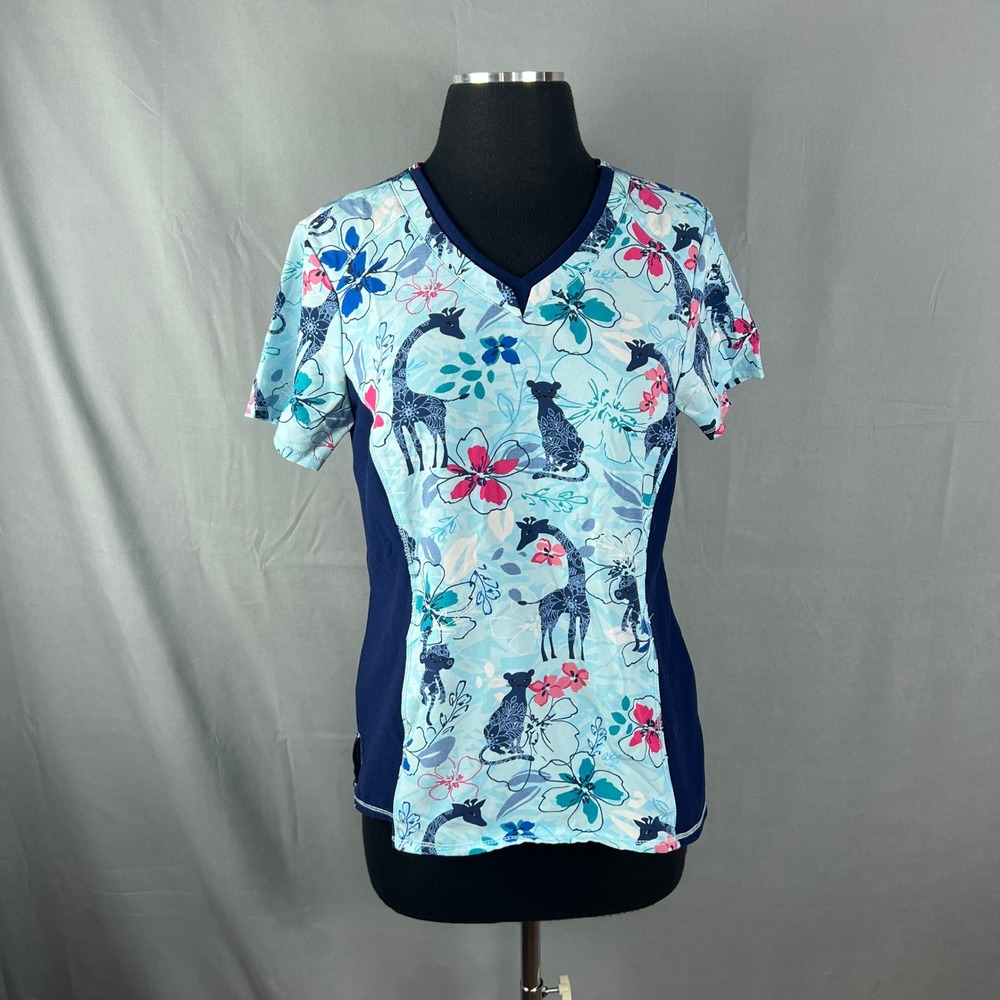 Cherokee Iflex Scrub Top Womens Small Blue Giraffe Leopard Floral V Neck Uniform
